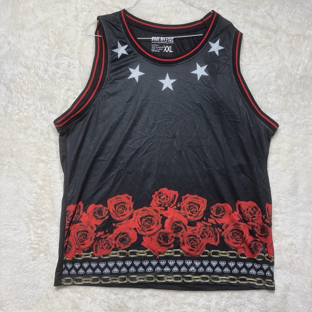 Y2K Five By Five Mesh Tank Top XXL Black Red Roses Streetwear